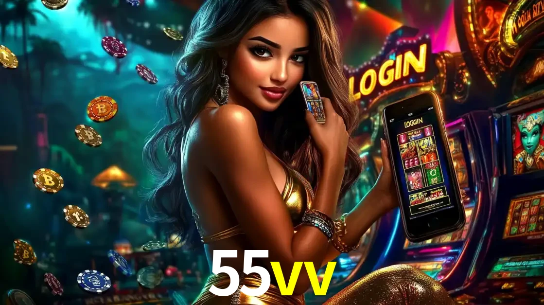 Mulher em um cenário de cassino temático de aventura, mostrando o app de caça-níqueis da 55vv no celular. Fichas de apostas flutuam ao redor.