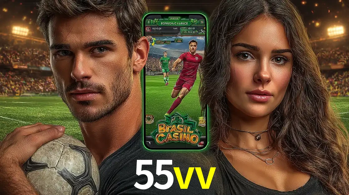 Homem segurando uma bola de futebol e uma mulher ao lado de um smartphone exibindo o jogo de apostas esportivas da 55vv. Faça seu palpite no cassino online.